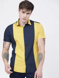LOCOMOTIVE Men Mustard Yellow & Navy Blue Cotton Slim Fit Colourblocked Casual Shirt