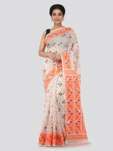 PinkLoom White Woven Design Jamdani Sustainable Saree