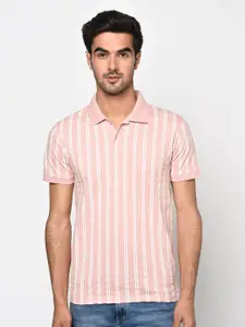 Octave Men Pink Striped Polo Collar T-shirt