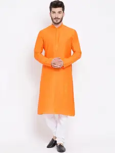 NAMASKAR Men Orange Mandarin Collar Linen Kurta