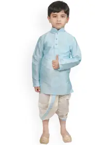 SG YUVRAJ Boys Turquoise Blue & White Solid Raw Silk Kurta with Dhoti Pants