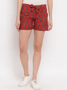 Aawari Women Red Printed Regular Fit Cotton Shorts