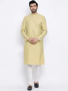 NAMASKAR Men Green Solid Silk Angarakha Kurta