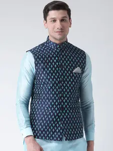 DEYANN Men Navy Blue Printed Woven Dupion Silk Nehru Jacket