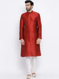 NAMASKAR Men Maroon Dupion Silk Solid Mandarin Collar Woven Design Kurta