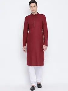 NAMASKAR Men Maroon Cotton Solid Kurta