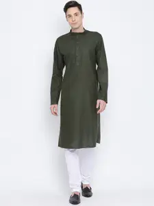 NAMASKAR Men Green Cotton Solid Kurta