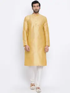 NAMASKAR Men Yellow Dupion Silk Solid Kurta