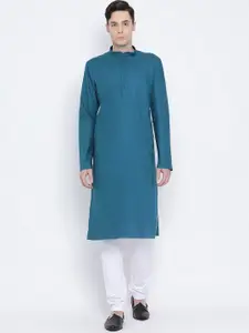 NAMASKAR Men Blue Cotton Solid Kurta