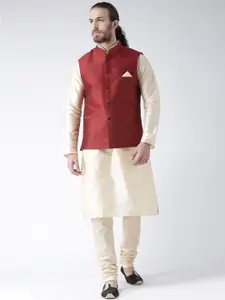DEYANN Men Red & Cream-Coloured Solid Kurta with Churidarand Nehru Jacket