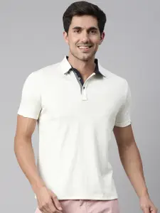 RARE RABBIT Men Off-White Solid Cotton Polo Collar T-shirt
