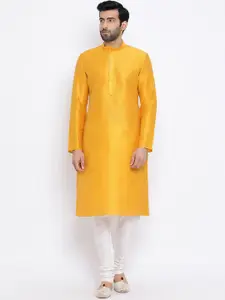 NAMASKAR Men Yellow Dupion Silk Solid Kurta