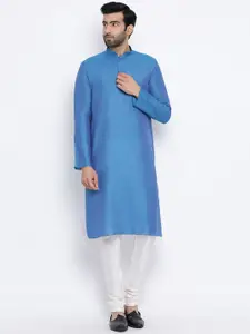 NAMASKAR Men Blue Cotton Linen Solid Regular Kurta