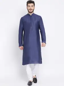 NAMASKAR Men Navy Blue Mandarin Collar Linen Kurta