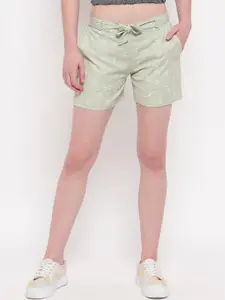 Aawari Women Green Printed Regular Fit Cotton Shorts