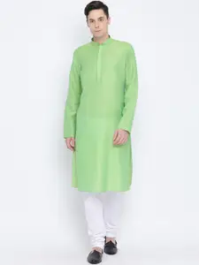 NAMASKAR Men Green & White Cotton Solid Kurta with Churidar