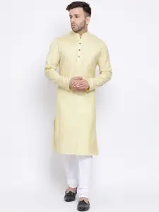 NAMASKAR Men Cream-Coloured & White Solid Cotton Kurta with Churidar