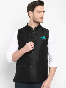 hangup trend Men Black Solid Pure Silk Woven Nehru Jacket