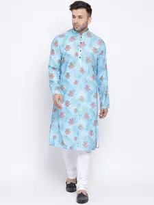 NAMASKAR Men Blue & White Floral Printed Kurta with Churidar