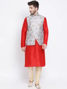 NAMASKAR Men Red & Cream-Coloured Solid Kurta with Churidar & Nehru Jacket