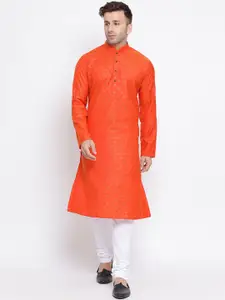 NAMASKAR Men Orange Cotton Printed Kurta with Churidar
