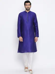 NAMASKAR Men Blue Dupion Silk Solid Kurta with Churidar
