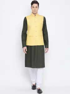 NAMASKAR Men Olive Green & White Solid Kurta with Churidar & Nehru Jacket