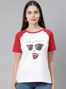 3PIN Women White & Red Printed Round Neck T-shirt