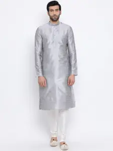 NAMASKAR Men Silver-Toned Dupion Silk Solid Kurta with Churidar