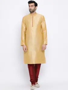 NAMASKAR Men Beige Solid Dupion Silk Straight Kurta