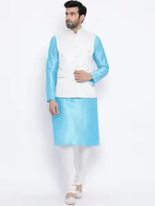 NAMASKAR Men Blue & Off-White Solid Kurta with Churidar & Nehru Jacket