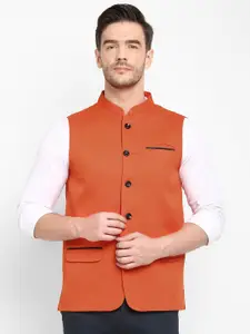 hangup trend Men Orange & Black Solid Woven Nehru Jacket
