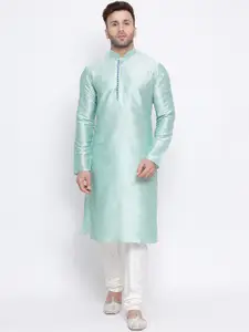 NAMASKAR Men Green & White Silk Solid Kurta with Churidar