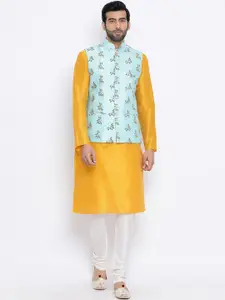 NAMASKAR Men Yellow & Off-White Solid Kurta with Pyjamas & Nehru Jacket
