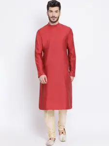 NAMASKAR Men Maroon & Gold Solid Silk Kurta with Churidar