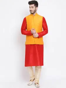 NAMASKAR Men Red & Cream-Coloured Solid Kurta with Churidar & Nehru Jacket