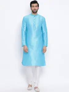 NAMASKAR Men Blue Dupion Silk Solid Kurta with Churidar