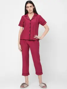 Smarty Pants Women Maroon & Black Solid Pure Cotton Night Suit