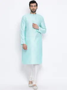 NAMASKAR Men Turquoise Blue & White Silk Solid Kurta with Churidar
