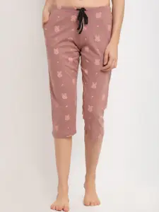 Kanvin Women Brown & Pink Printed Cotton Lounge Pants