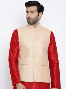 NAMASKAR Men Peach-Coloured Woven Design Regular Fit Pure Silk Nehru Jacket