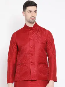 NAMASKAR Men Red Woven Design Regular-Fit Nehru Jacket