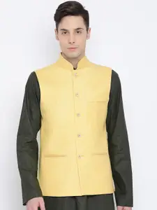 NAMASKAR Men Yellow Solid Woven Pure Cotton Nehru Jacket