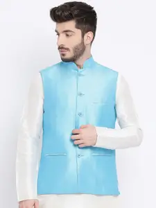 NAMASKAR Men Blue Solid Woven Nehru Jacket