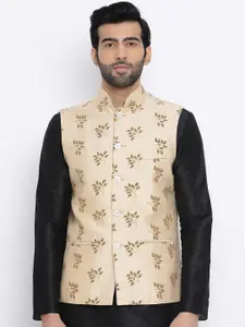 NAMASKAR Men Beige & Brown Embellished Woven Silk Nehru Jacket