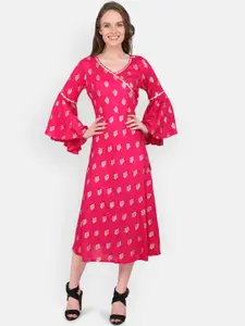 MARC LOUIS Women Pink & Golden Printed Midi A-line Dress