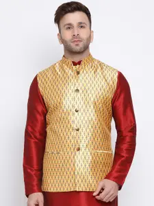 NAMASKAR Men Mustard Yellow & Black Printed Pure Silk Woven Nehru Jacket