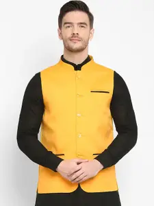 hangup trend Men Yellow Solid Woven Nehru Jacket