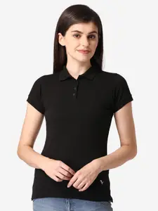 Vami Women Black Solid Polo Collar T-shirt
