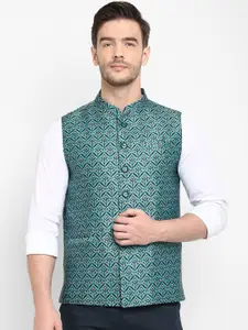 hangup trend Men Green & Black Printed Woven Nehru Jacket